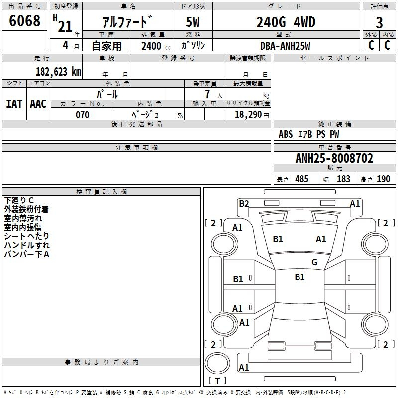 Аукционный лист TOYOTA ALPHARD 2009