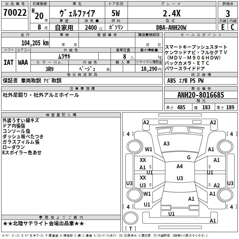 Аукционный лист TOYOTA VELLFIRE 2008