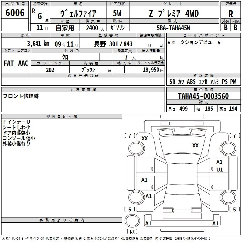 Аукционный лист TOYOTA VELLFIRE 2024