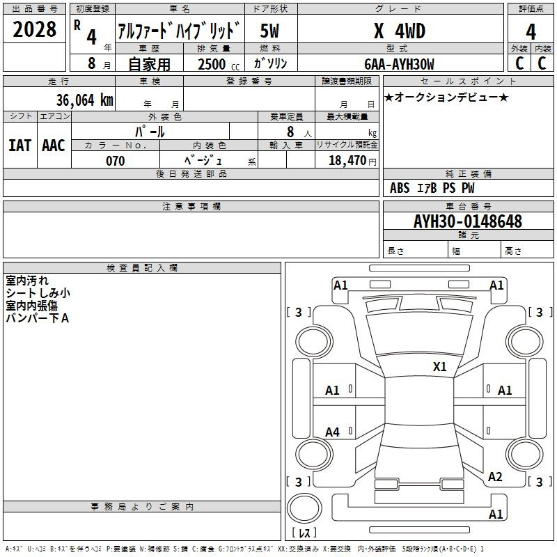 Аукционный лист TOYOTA ALPHARD 2022