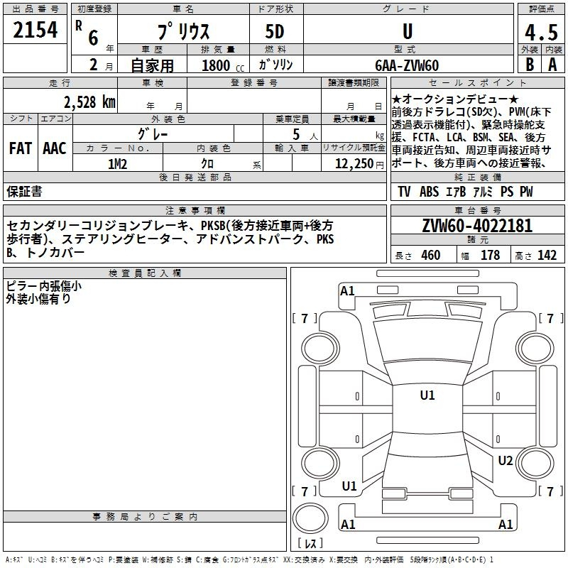 Аукционный лист TOYOTA PRIUS 2024