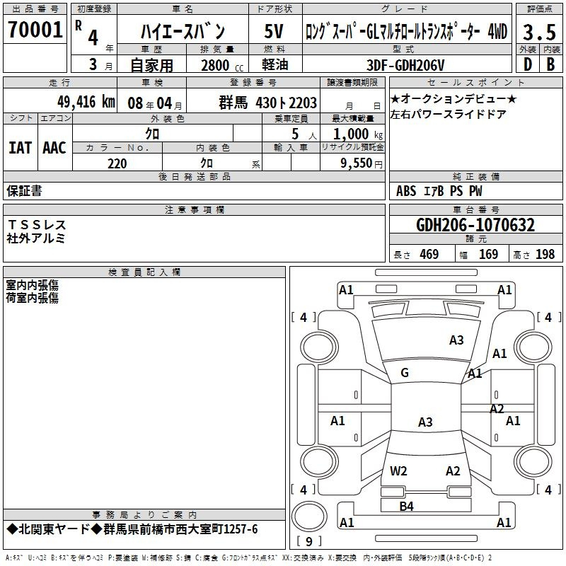 Аукционный лист TOYOTA HIACE VAN 2022
