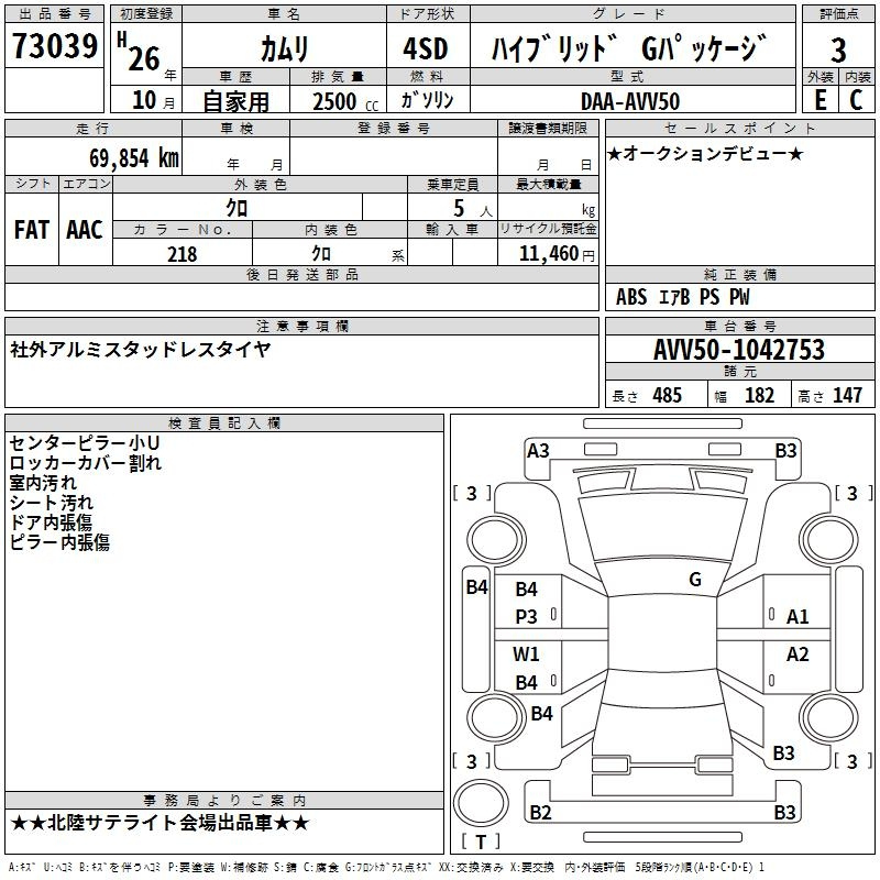 Аукционный лист TOYOTA CAMRY 2014