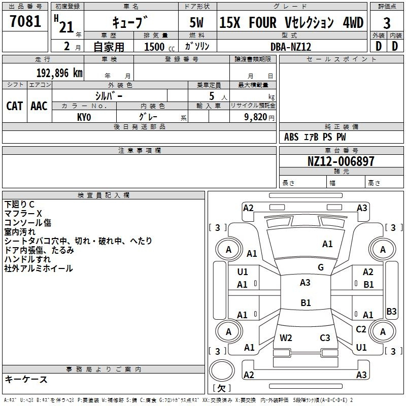 Аукционный лист NISSAN CUBE 2009