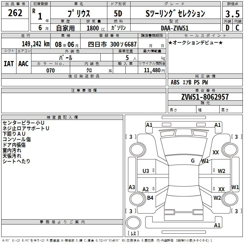 Аукционный лист TOYOTA PRIUS 2019