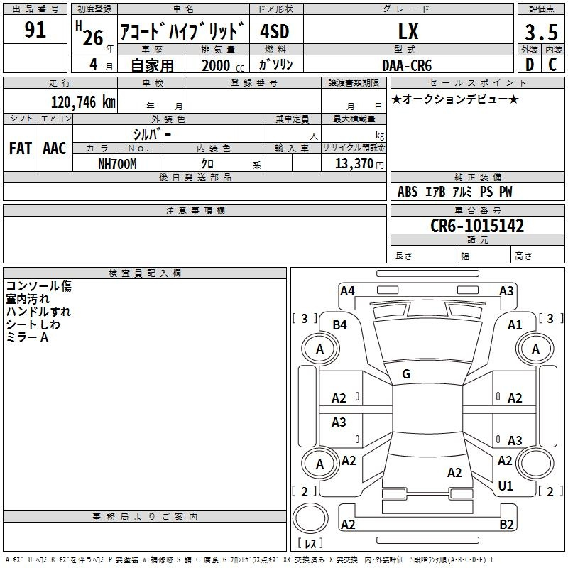 Аукционный лист HONDA ACCORD 2014