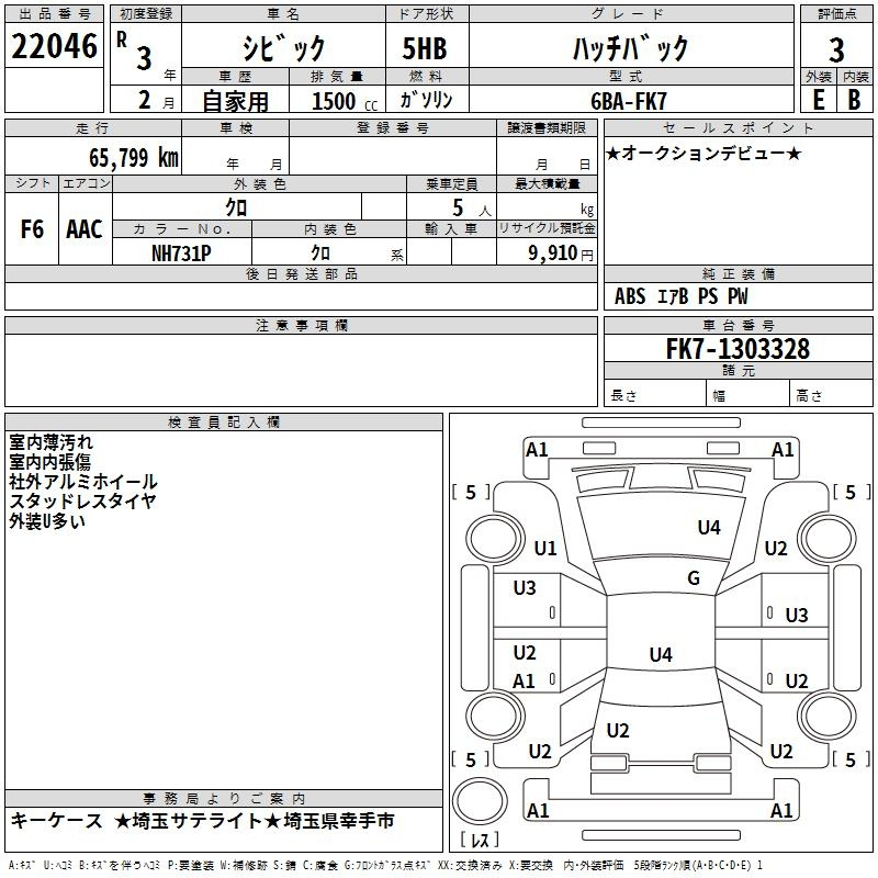 Аукционный лист HONDA CIVIC 2021
