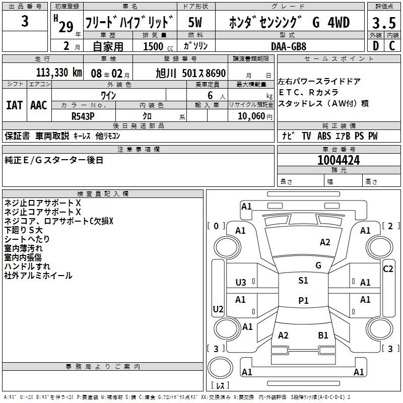 Аукционный лист HONDA FREED 2017