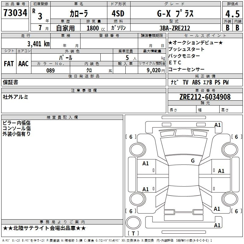 Аукционный лист TOYOTA COROLLA 2021