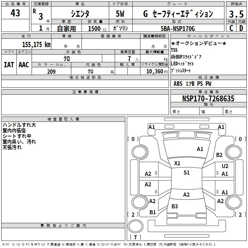 Аукционный лист TOYOTA SIENTA 2021