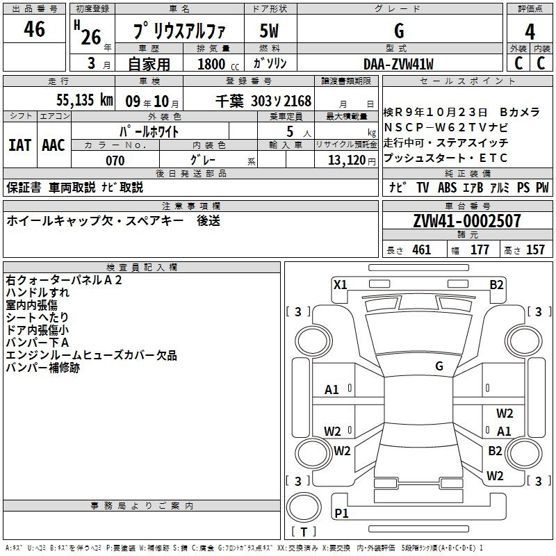 Аукционный лист TOYOTA PRIUS ALPHA 2014