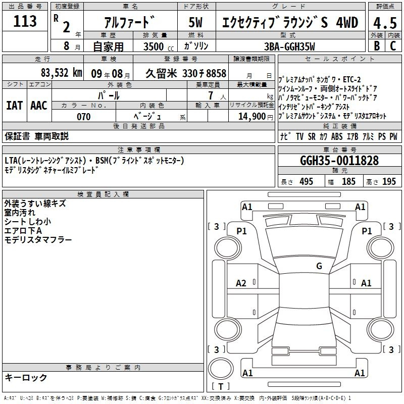Аукционный лист TOYOTA ALPHARD 2020