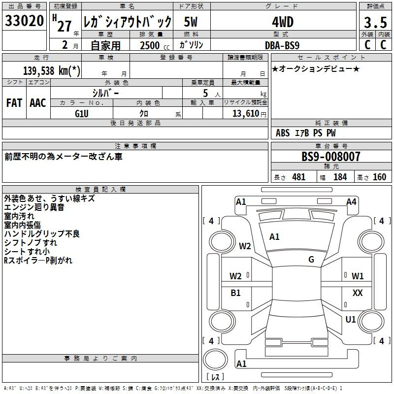 Аукционный лист SUBARU LEGACY OUTBACK 2015