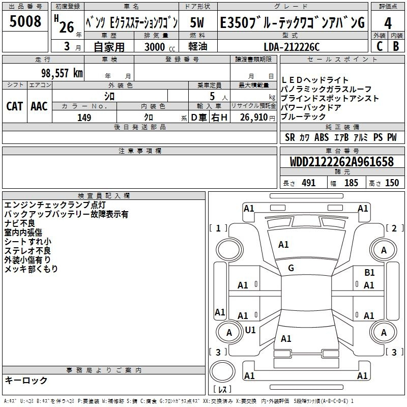 Аукционный лист MERCEDES BENZ E CLASS WAGON 2014