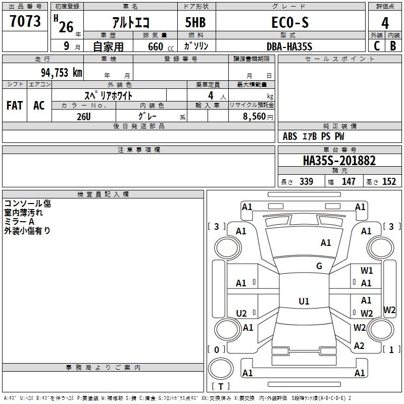 Аукционный лист SUZUKI ALTO ECO 2014
