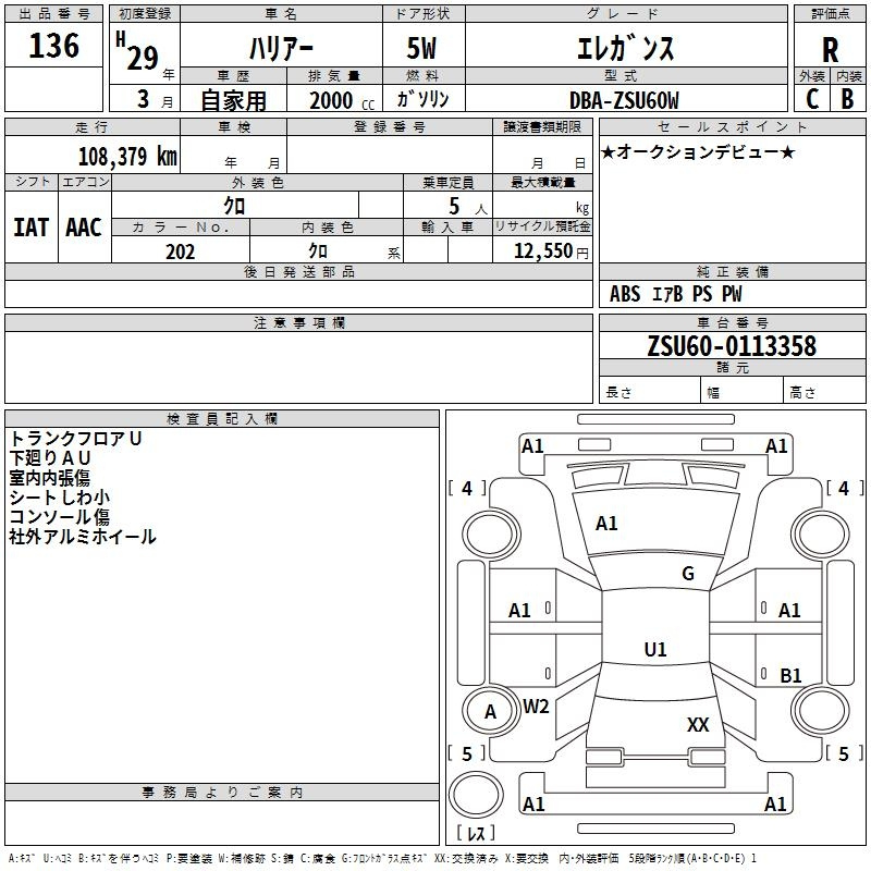 Аукционный лист TOYOTA HARRIER 2017