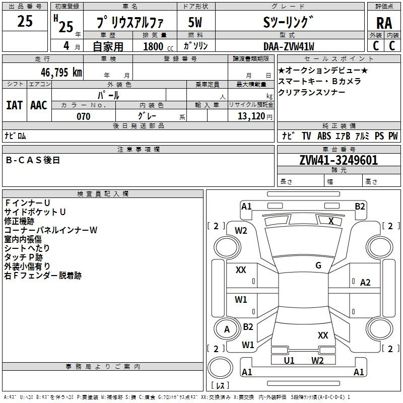 Аукционный лист TOYOTA PRIUS ALPHA 2013