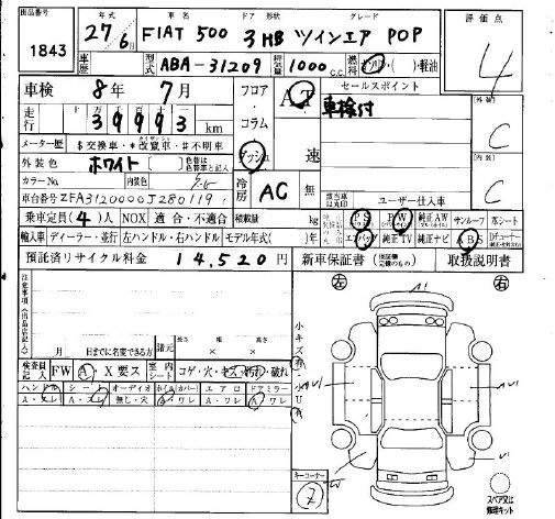 Аукционный лист FIAT 500 2015