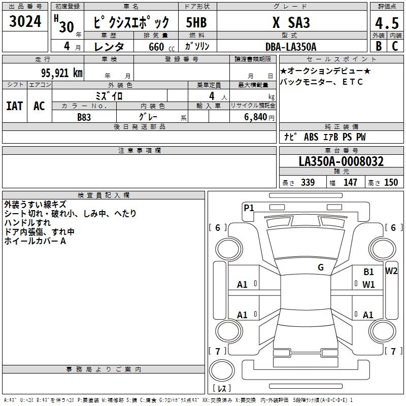 Аукционный лист TOYOTA PIXIS EPOCH 2018