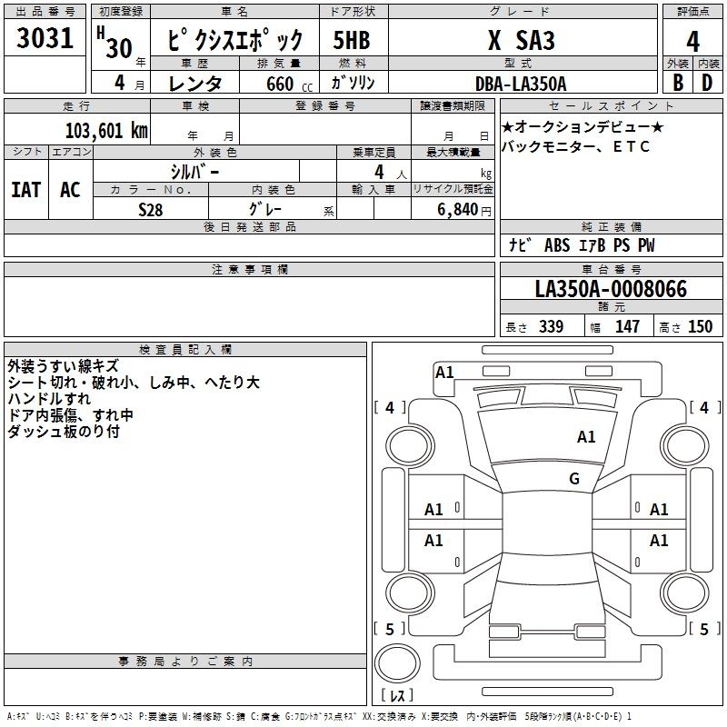 Аукционный лист TOYOTA PIXIS EPOCH 2018