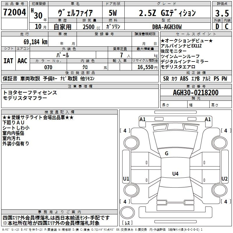 Аукционный лист TOYOTA VELLFIRE 2018