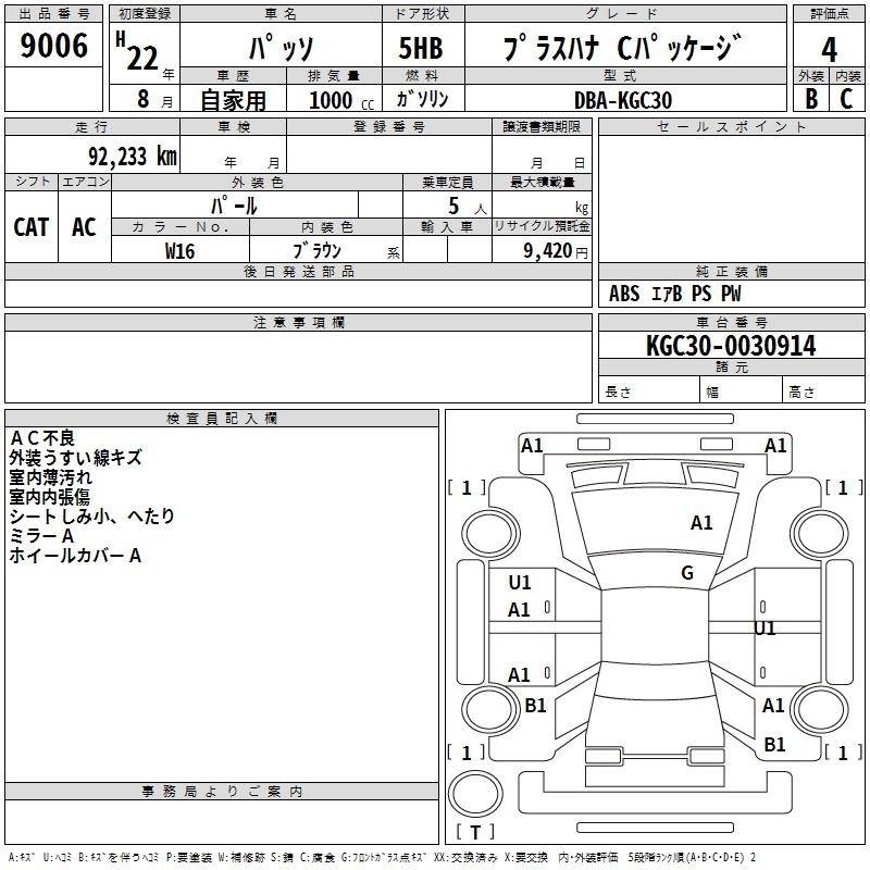 Аукционный лист TOYOTA PASSO 2010