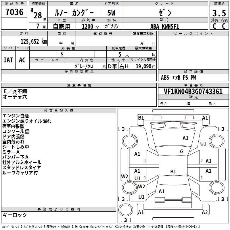 Аукционный лист RENAULT KANGOO 2016