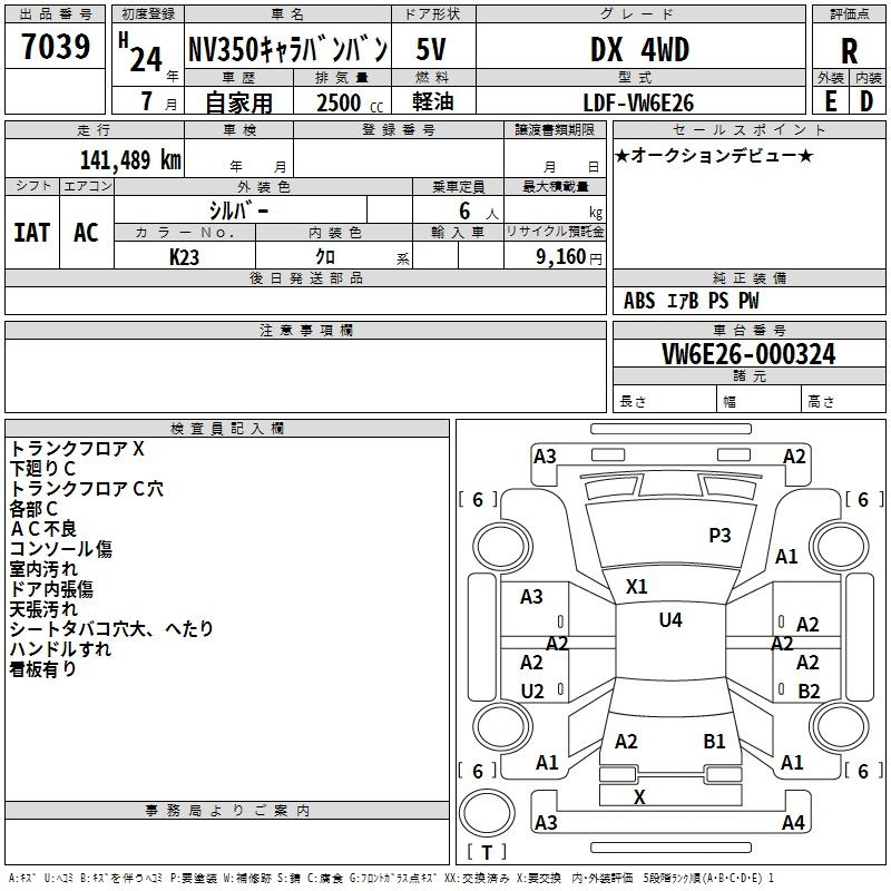 Аукционный лист NISSAN CARAVAN VAN 2012