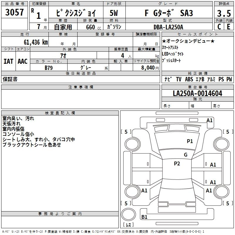 Аукционный лист TOYOTA PIXIS JOY 2019