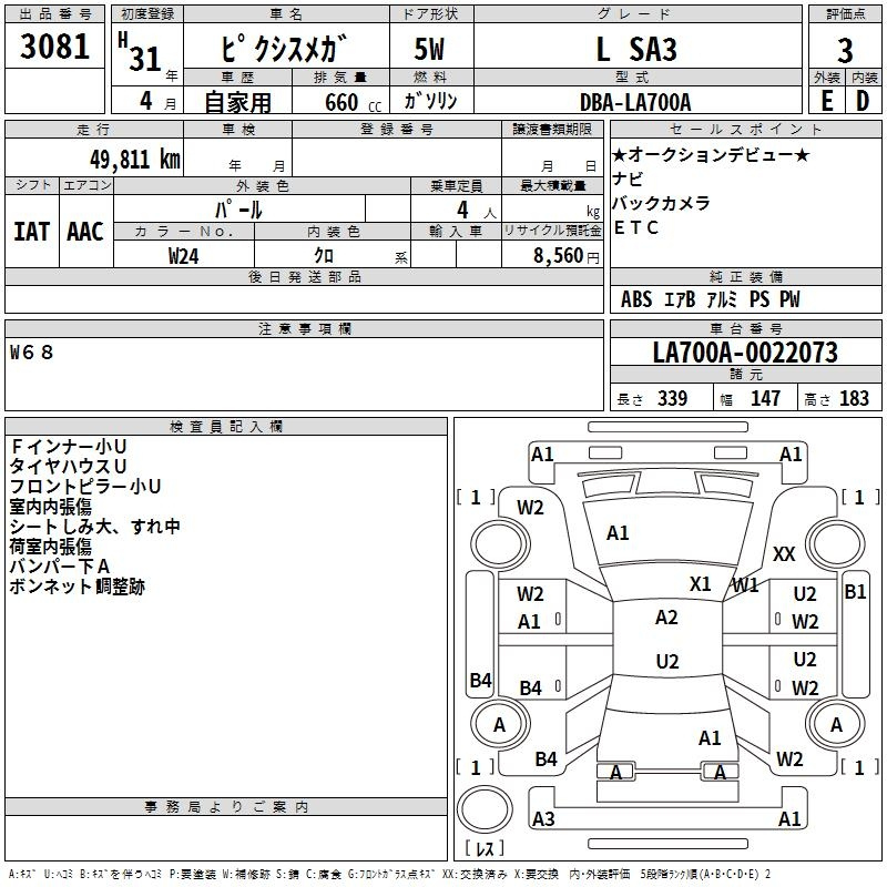 Аукционный лист TOYOTA PIXIS MEGA 2019