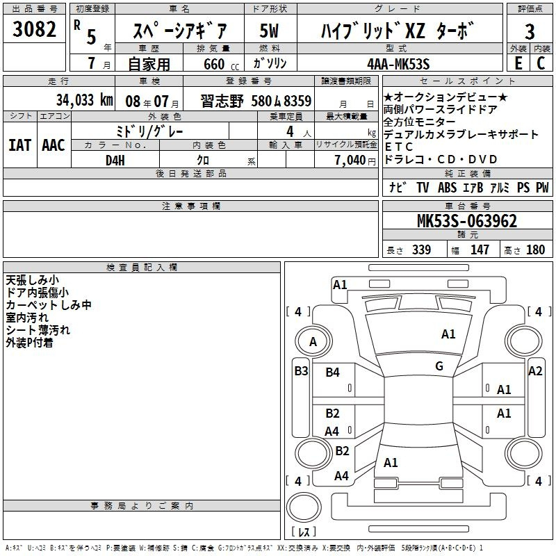 Аукционный лист SUZUKI SPACIA GEAR 2023