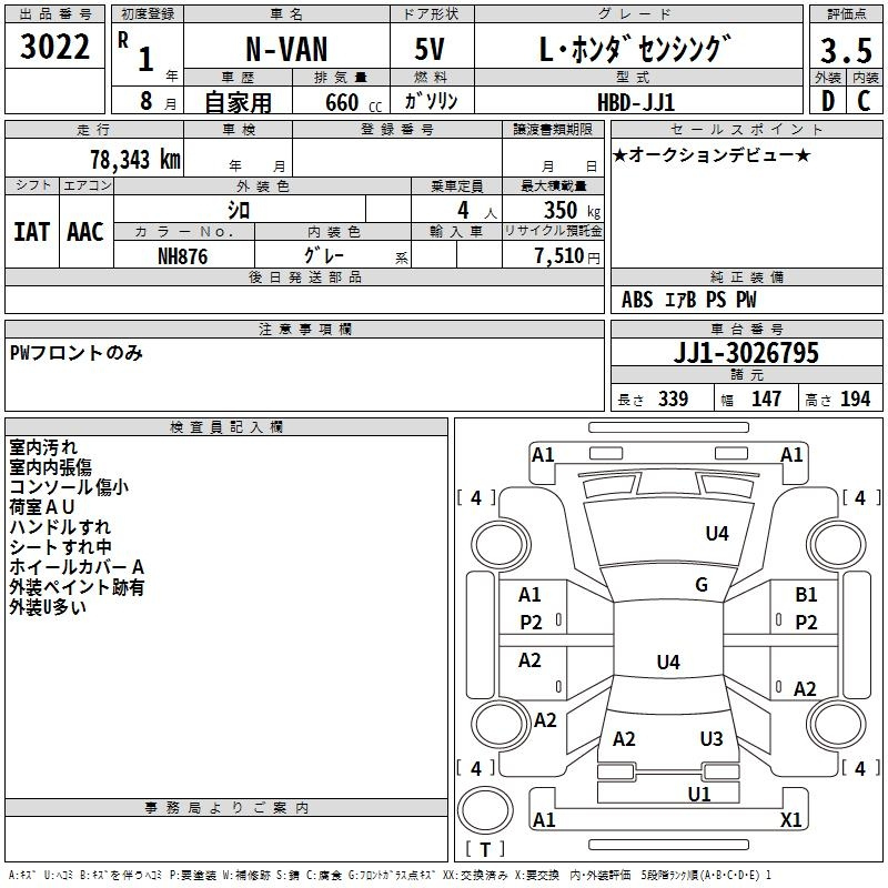 Аукционный лист HONDA N VAN 2019
