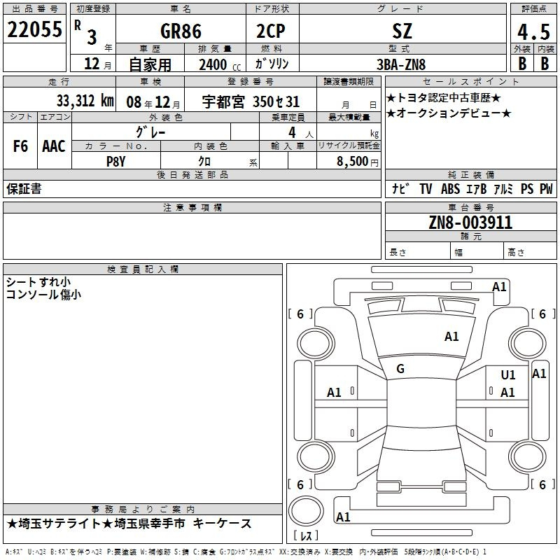 Аукционный лист TOYOTA 86 2021