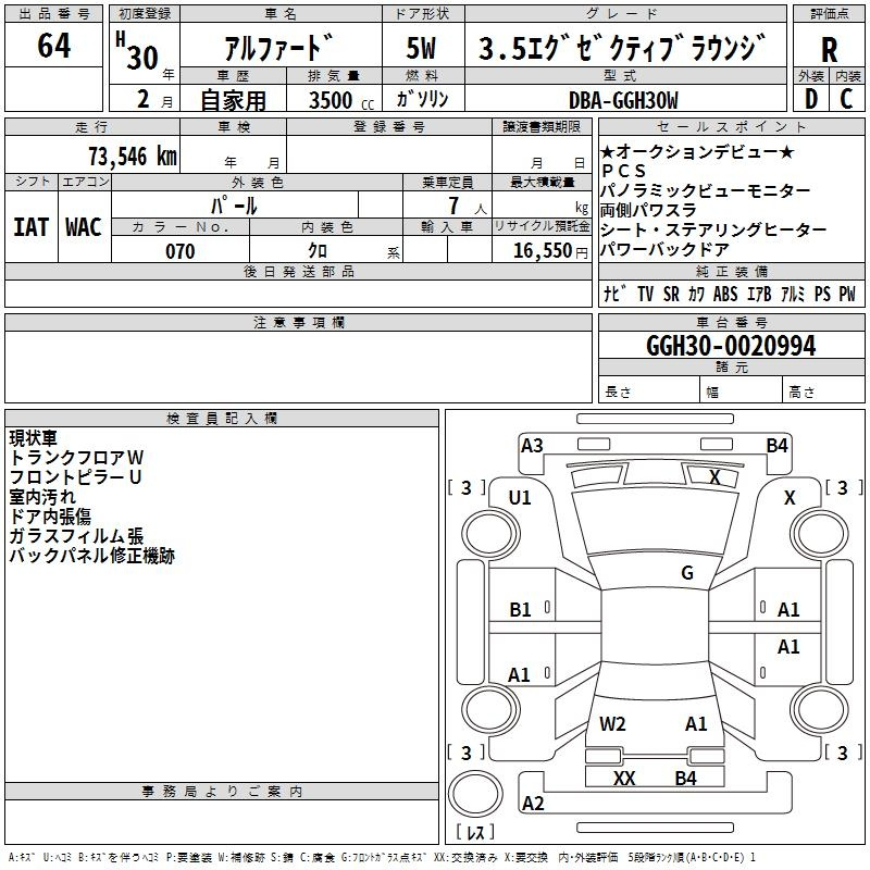Аукционный лист TOYOTA ALPHARD 2018