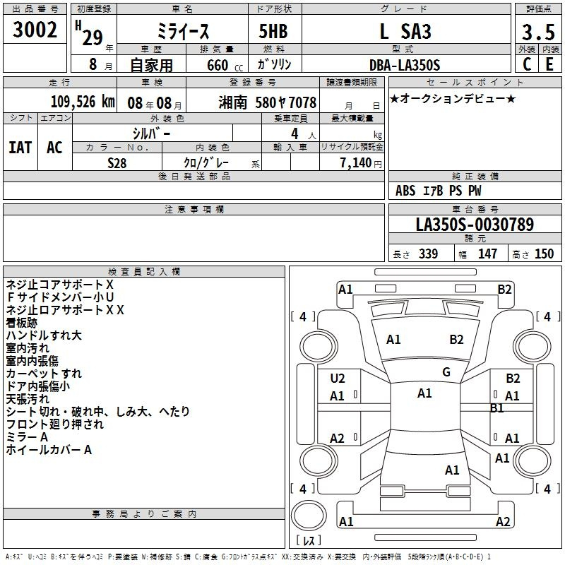 Аукционный лист DAIHATSU MIRA E S 2017