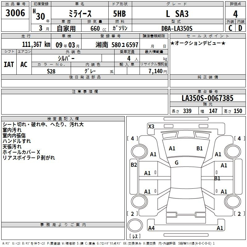 Аукционный лист DAIHATSU MIRA E S 2018