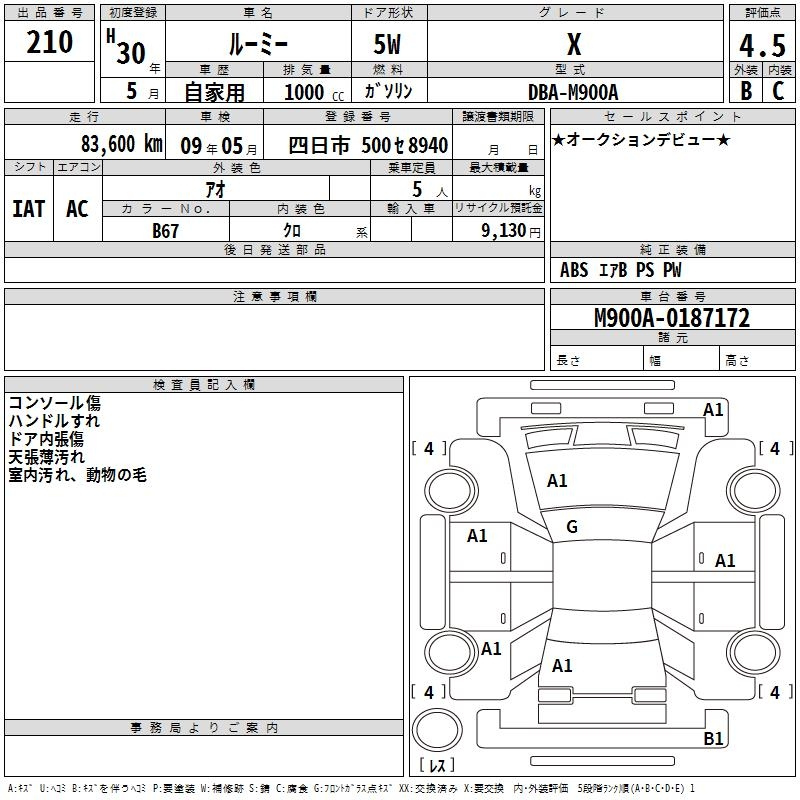 Аукционный лист TOYOTA ROOMY 2018