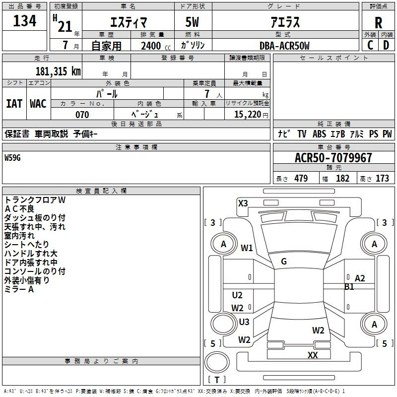 Аукционный лист TOYOTA ESTIMA 2009