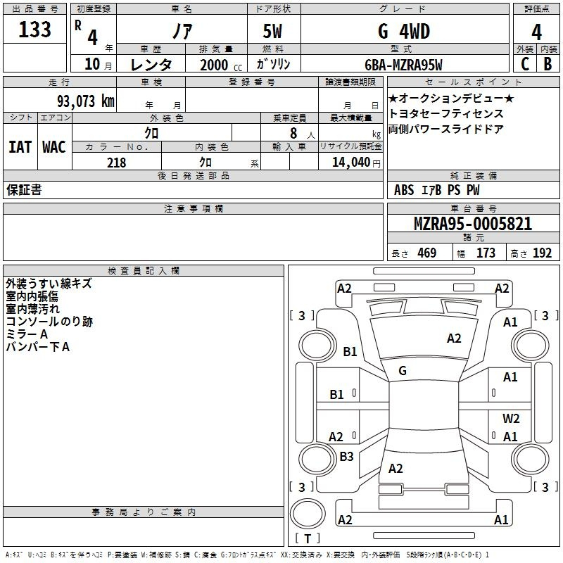 Аукционный лист TOYOTA NOAH 2022