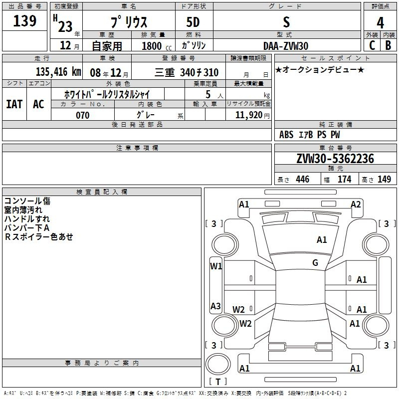 Аукционный лист TOYOTA PRIUS 2011