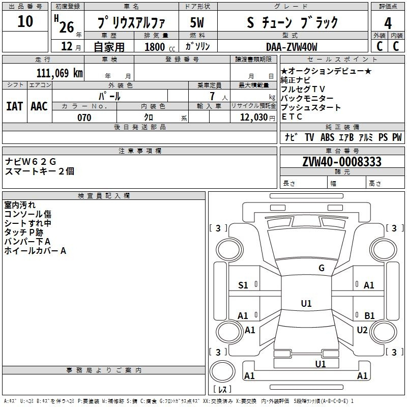 Аукционный лист TOYOTA PRIUS ALPHA 2014