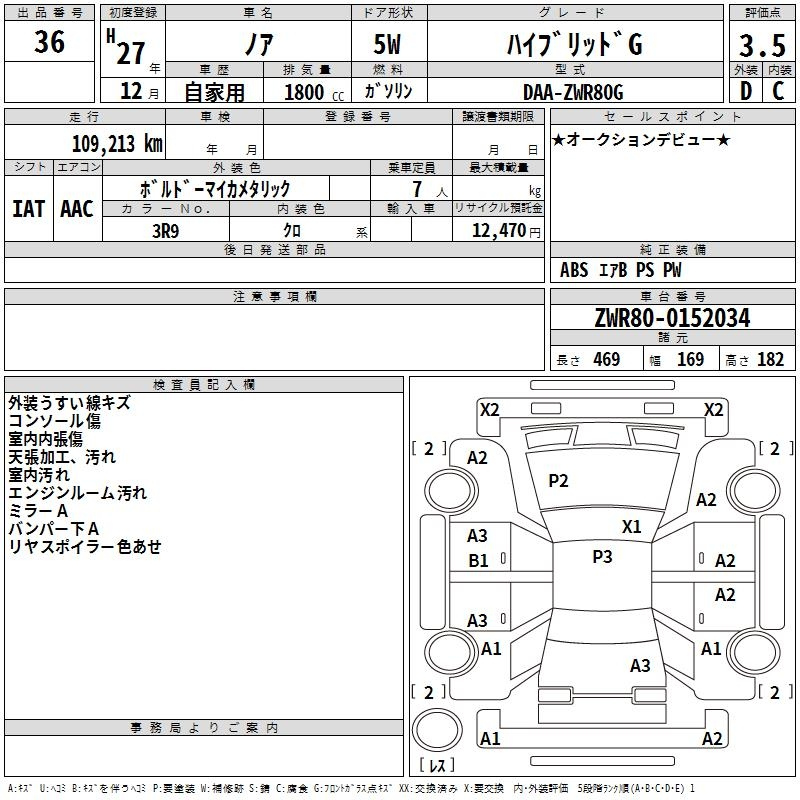 Аукционный лист TOYOTA NOAH 2015
