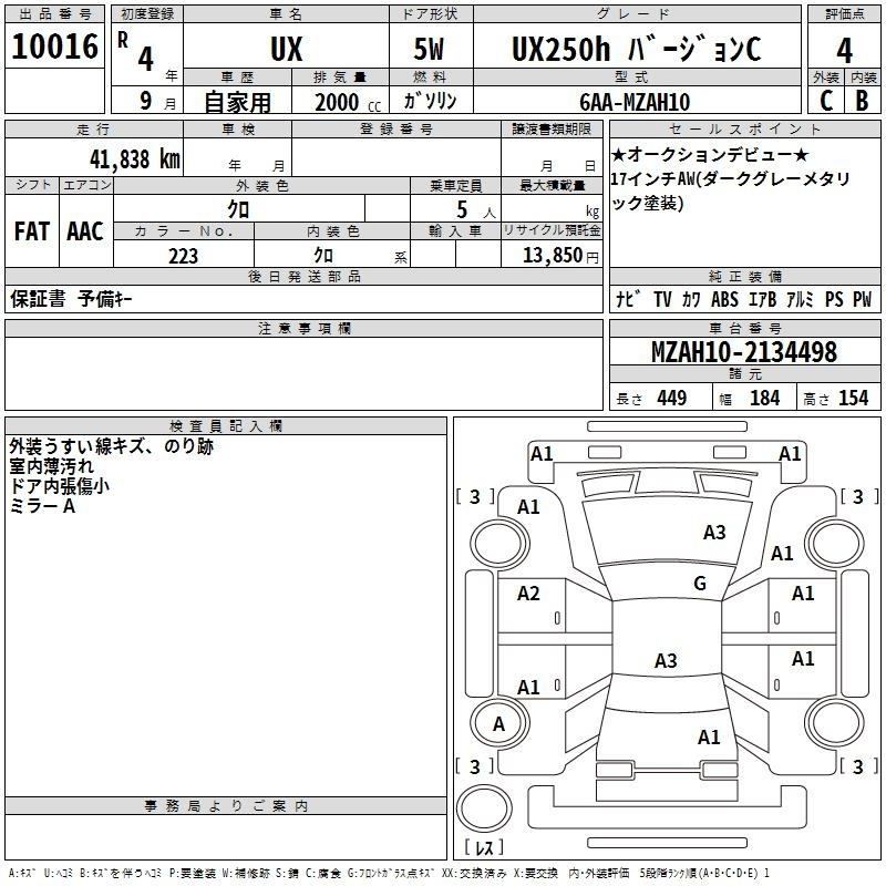 Аукционный лист LEXUS UX 2022