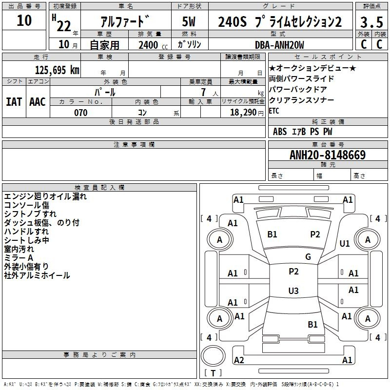 Аукционный лист TOYOTA ALPHARD 2010