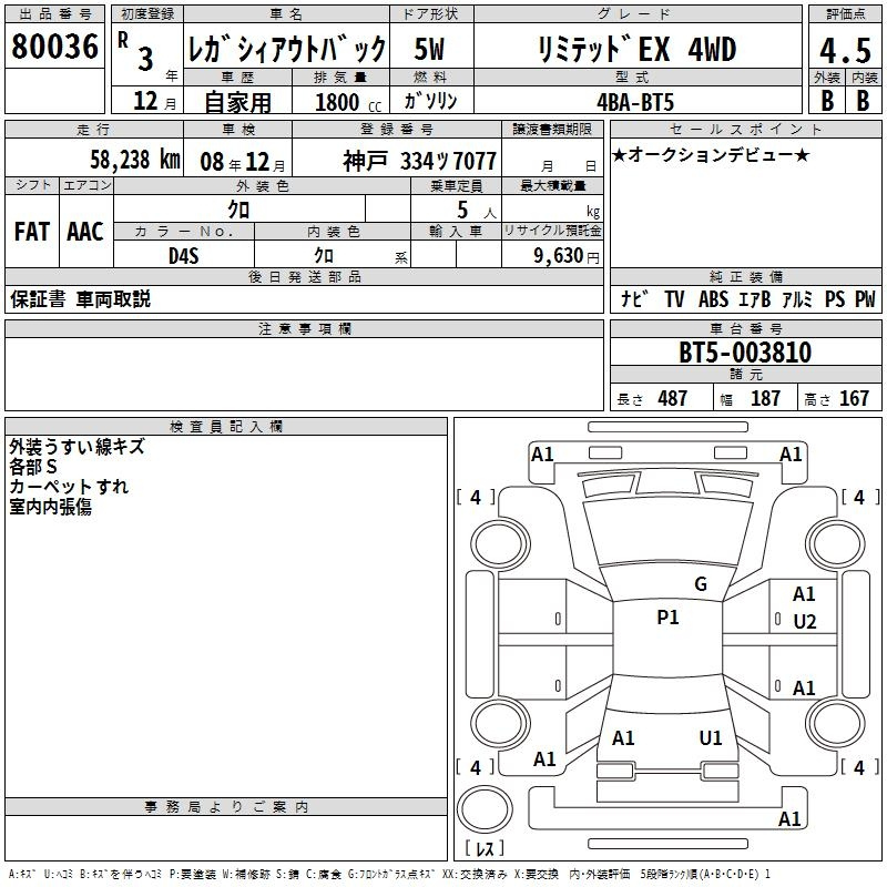 Аукционный лист SUBARU LEGACY OUTBACK 2021