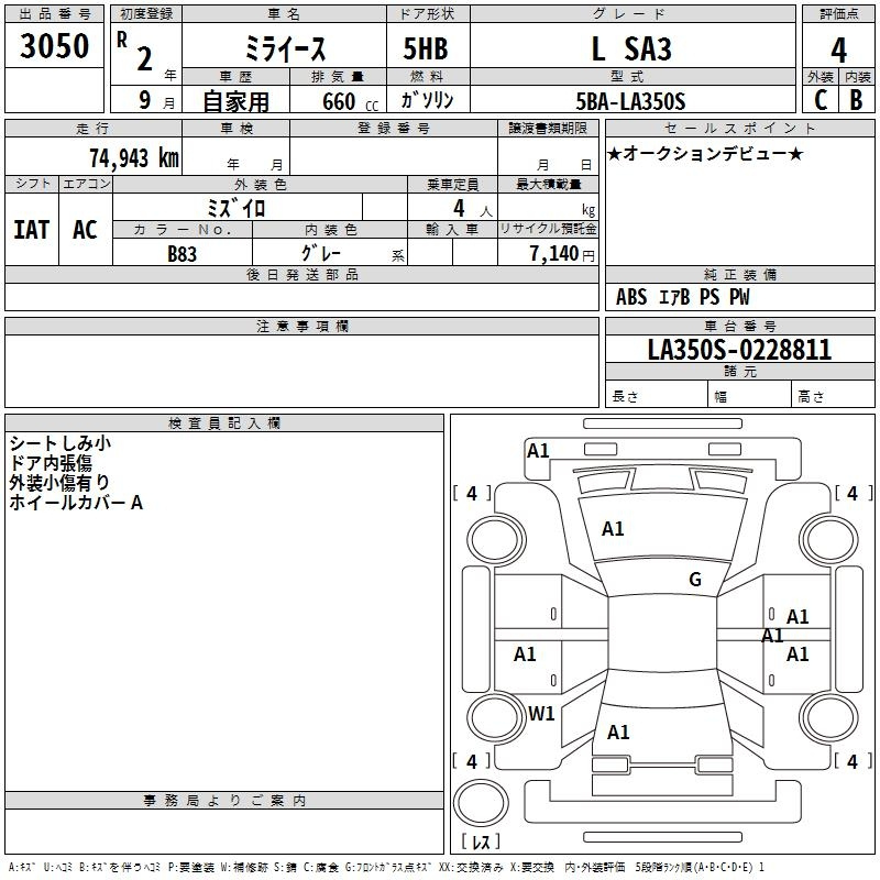 Аукционный лист DAIHATSU MIRA E S 2020