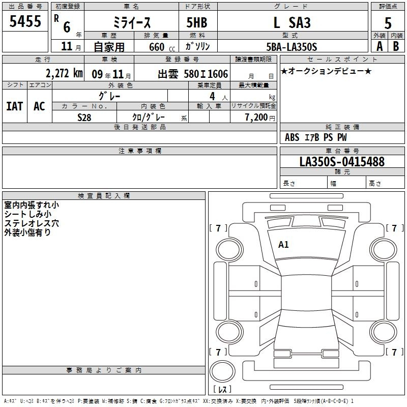 Аукционный лист DAIHATSU MIRA E S 2024