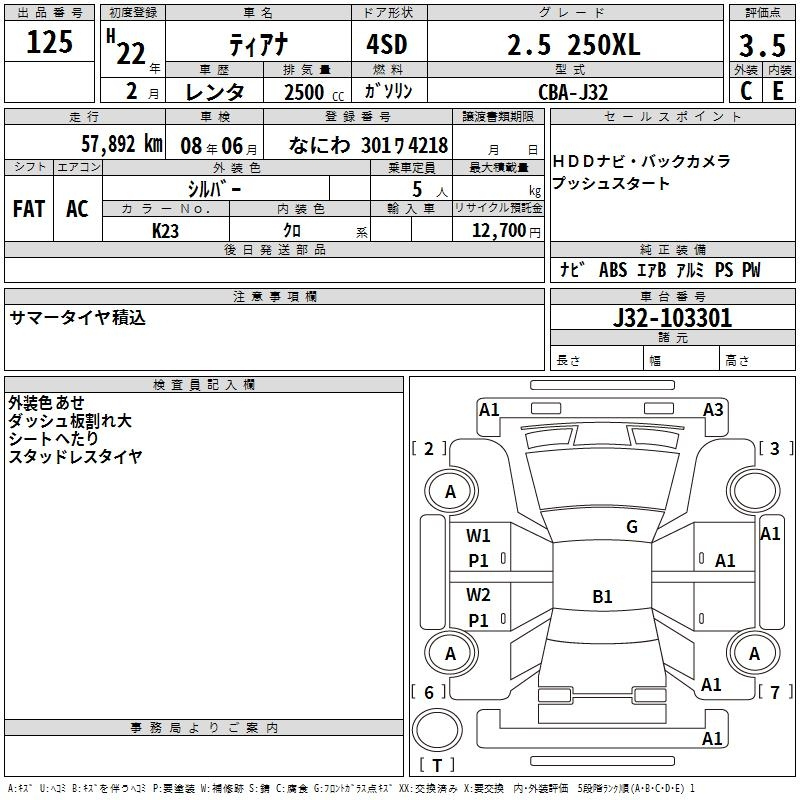 Аукционный лист NISSAN TEANA 2010
