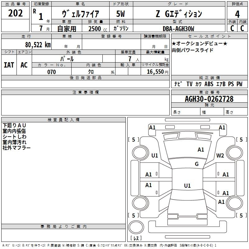 Аукционный лист TOYOTA VELLFIRE 2019