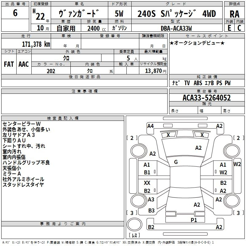 Аукционный лист TOYOTA VANGUARD 2010